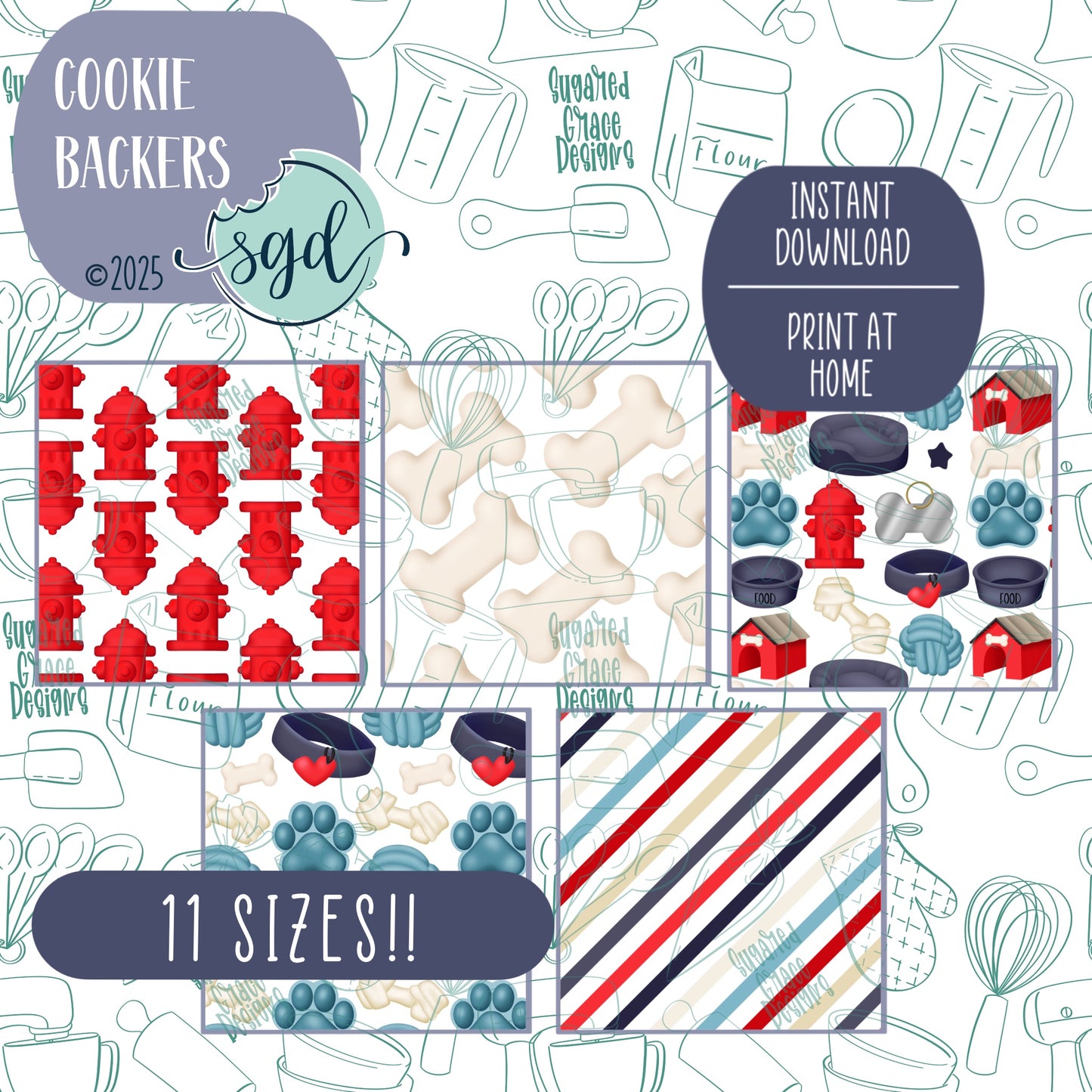 Dog Pattern Cookie Backers Set of 5 in PDF file format with 11 sizes to choose from - Hand Drawn packaging for bags and boxes