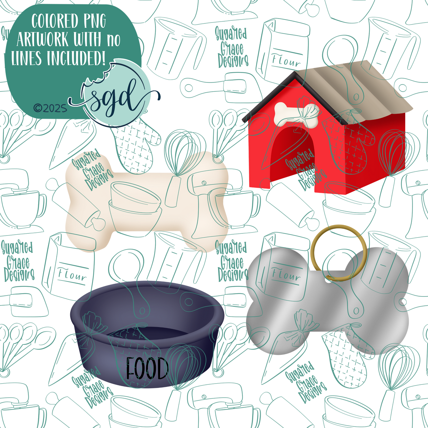 Classic Dog Cookie Cutter Set of 4 with PNG Images to Match - Hand Drawn Graphics for Edible Ink Printers