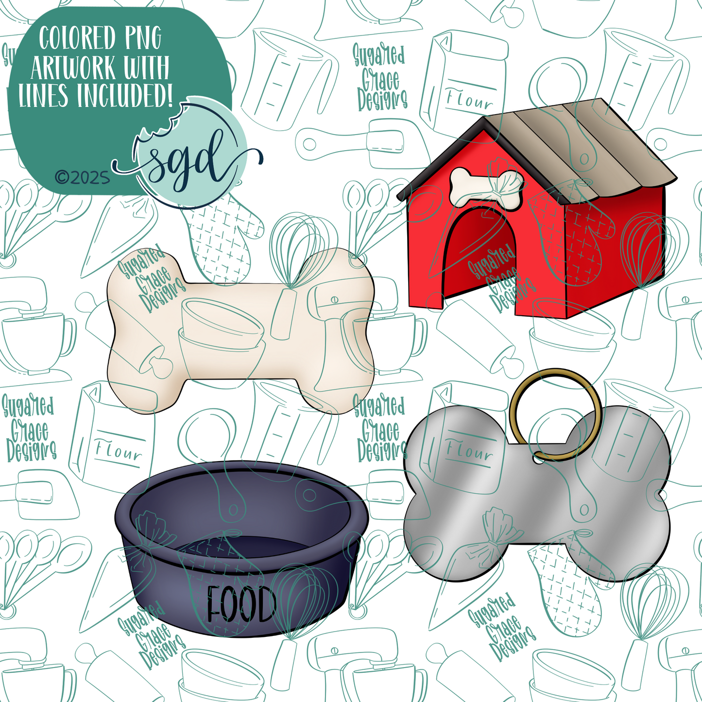 Classic Dog Cookie Cutter Set of 4 with PNG Images to Match - Hand Drawn Graphics for Edible Ink Printers