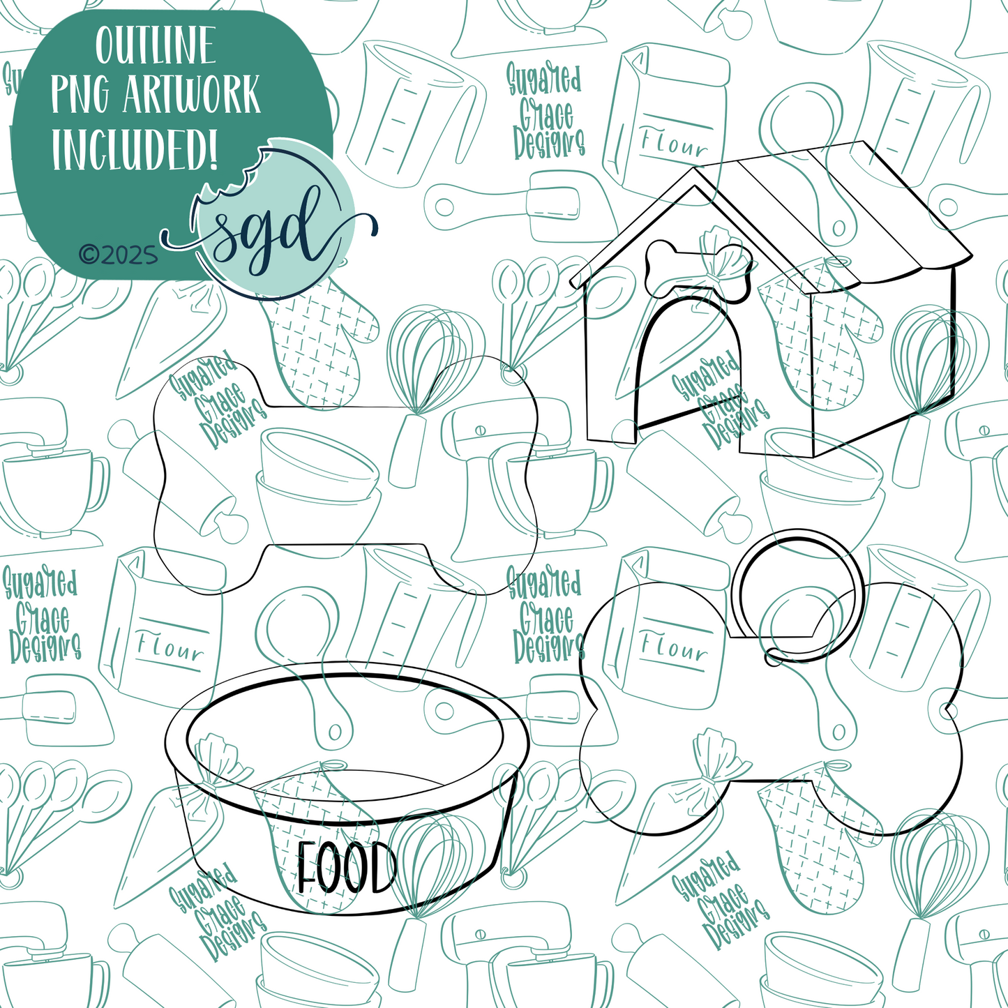 Classic Dog Cookie Cutter Set of 4 with PNG Images to Match - Hand Drawn Graphics for Edible Ink Printers