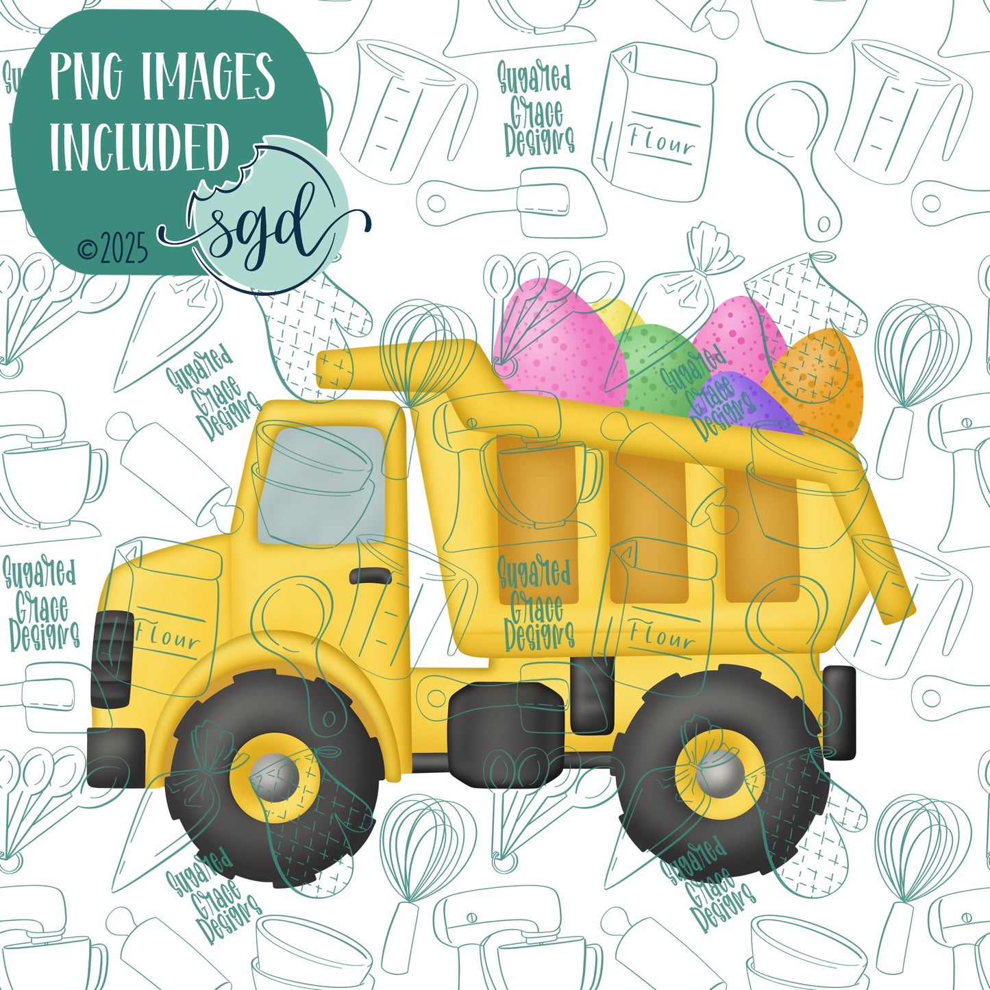 Easter Dump Truck Cookie Cutter with PNG Images to Match - Hand Drawn Graphics for Edible Ink Printers