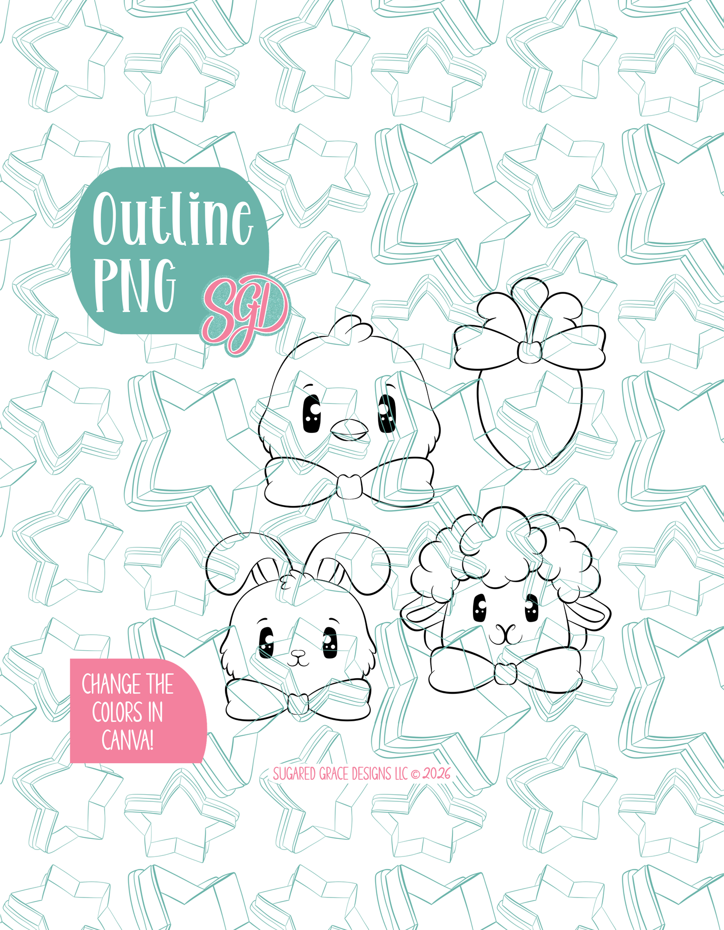 Easter Animals with Bows Cookie Cutter set with matching PNG - Set of 4 Designs