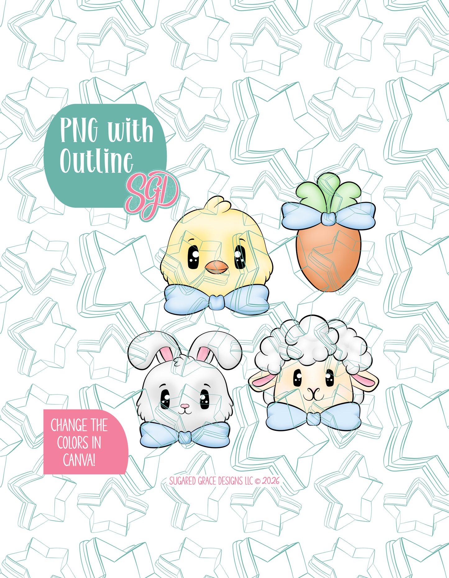 Easter Animals with Bows Cookie Cutter set with matching PNG - Set of 4 Designs