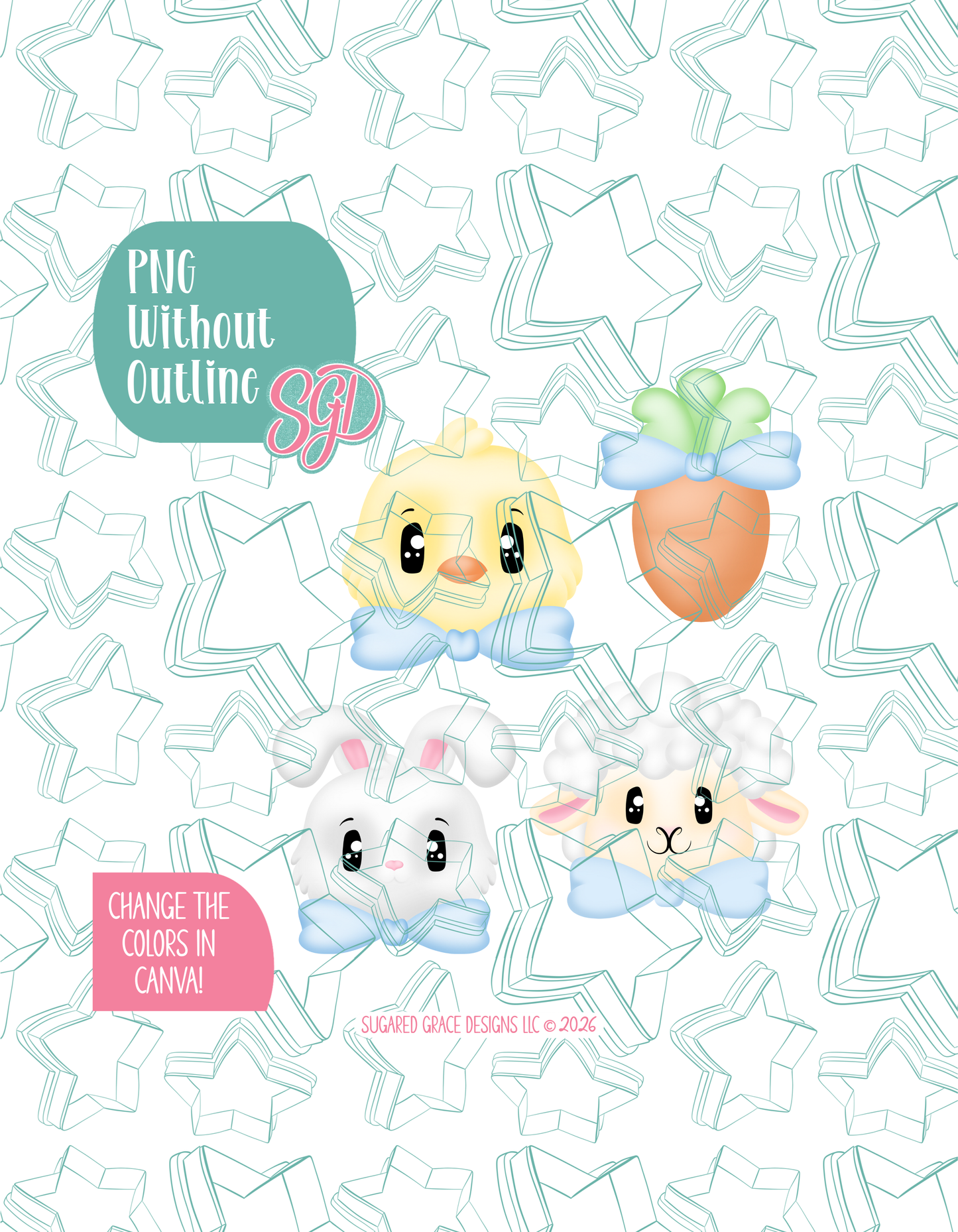 Easter Animals with Bows Cookie Cutter set with matching PNG - Set of 4 Designs