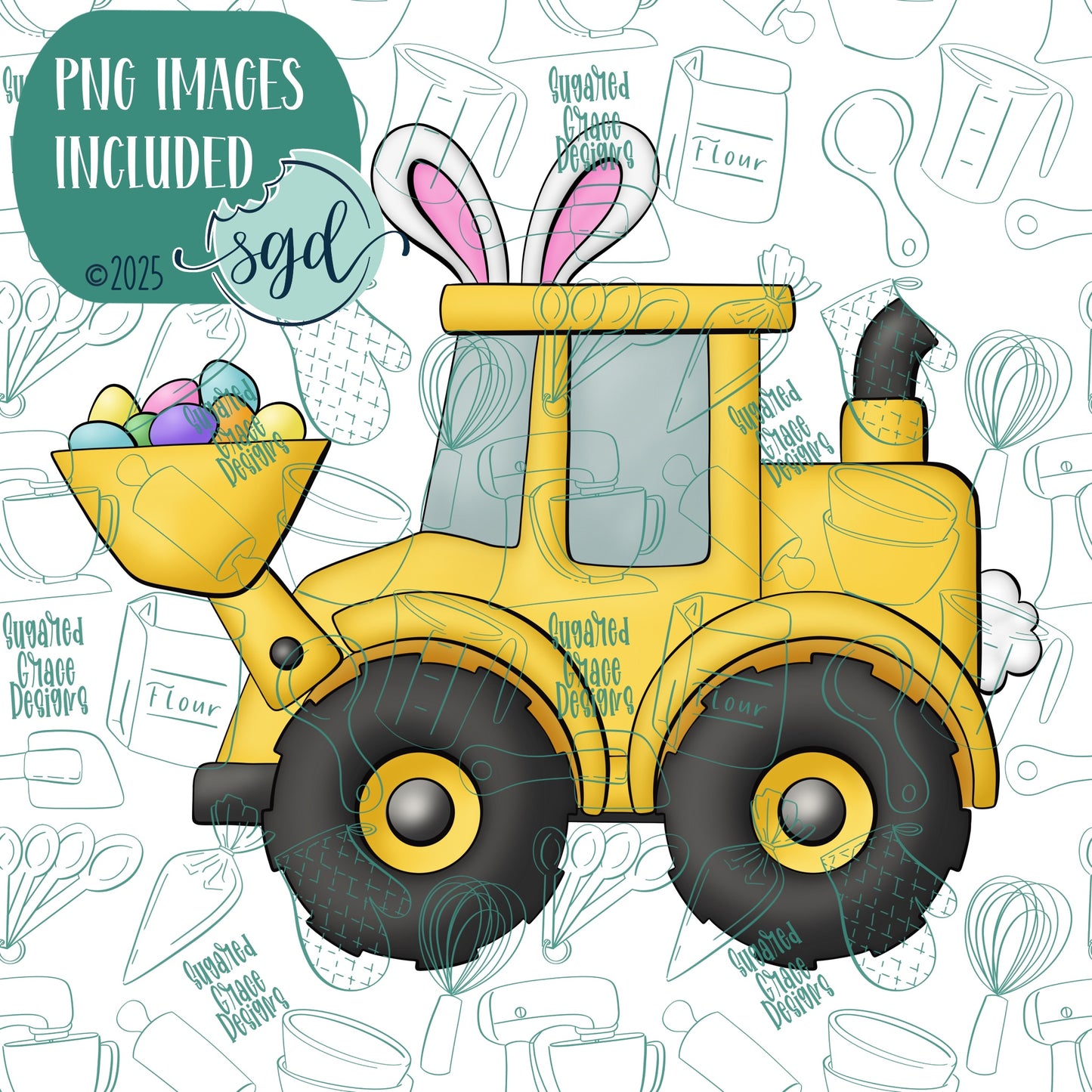 Easter Eggscavator Loader Cookie Cutter with PNG Images to Match - Hand Drawn Graphics for Edible Ink Printers