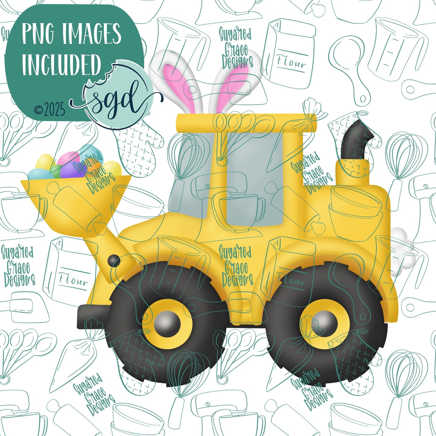 Easter Eggscavator Loader Cookie Cutter with PNG Images to Match - Hand Drawn Graphics for Edible Ink Printers