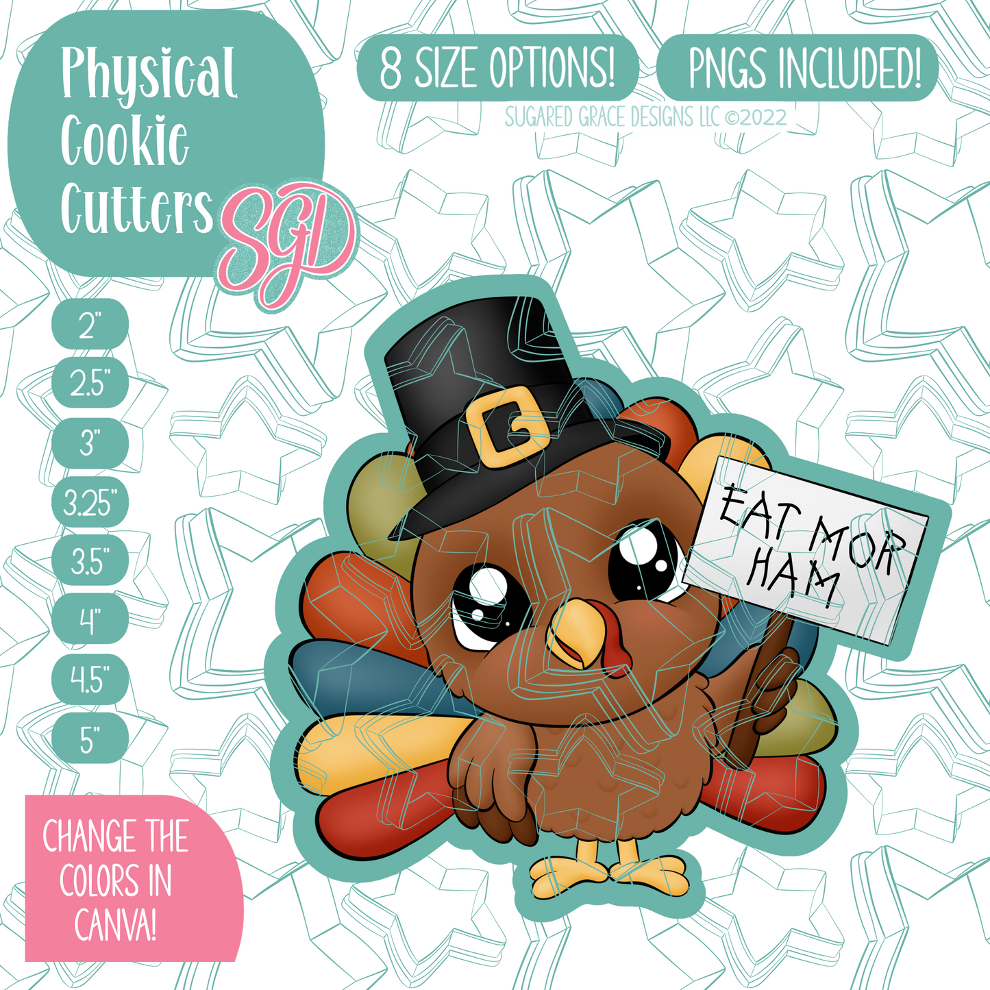 Eat More Ham Turkey Cookie Cutter with PNG Images to Match - Hand Drawn Graphics for Edible Ink Printers