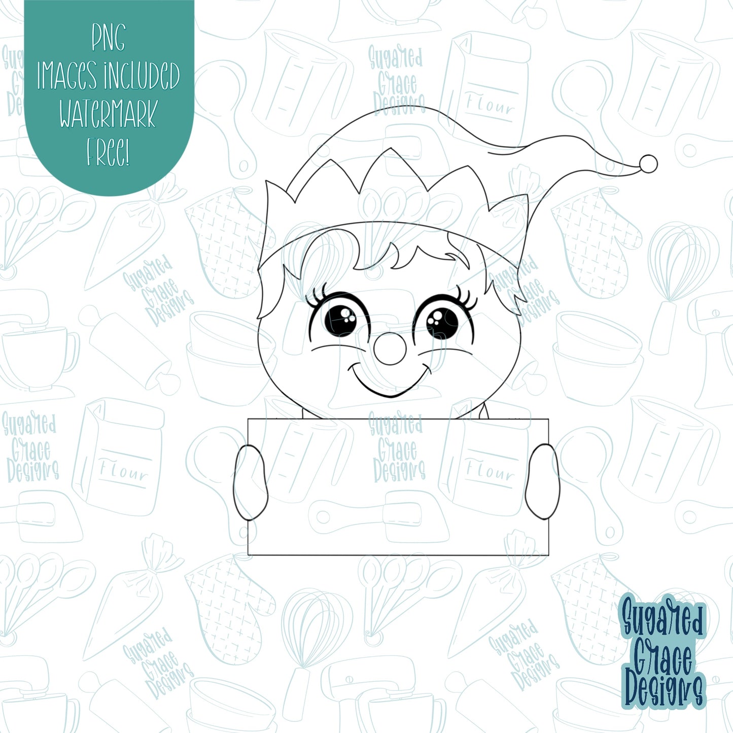 Christmas Elf place setting cookie cutter with png images for edible ink printers including Eddie