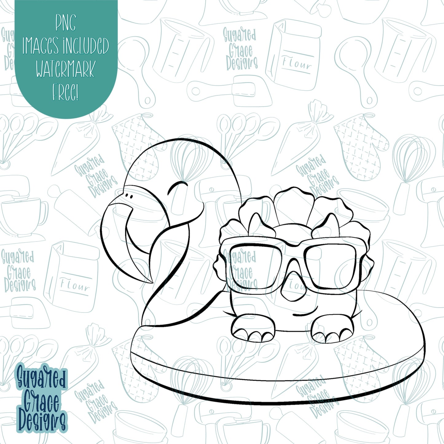 Pool Party Dinosaur on Flamingo Floaty Cookie Cutter with Matching Printable PNG Images for Edible Ink Printers Including Eddie