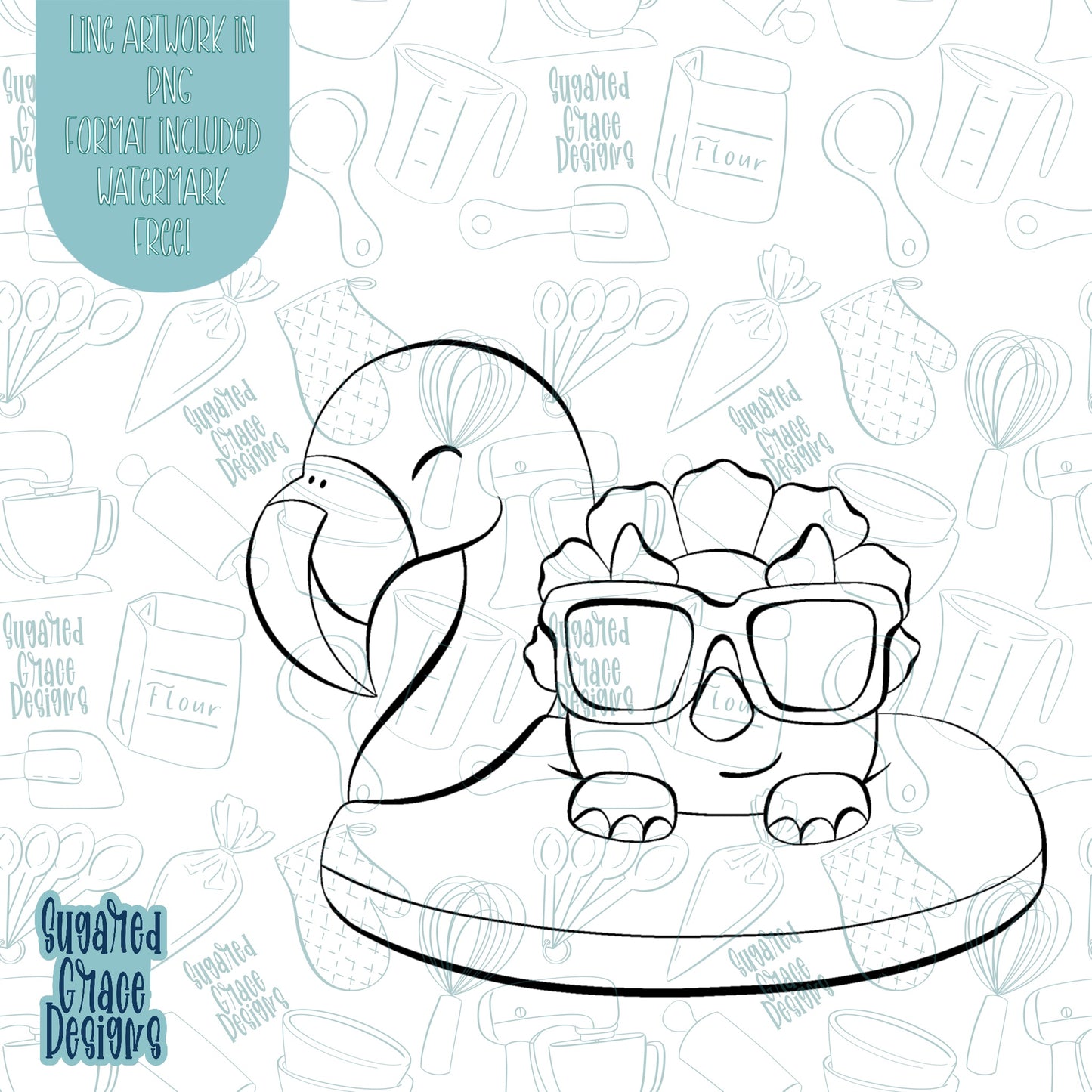 Pool Party Dinosaur on Flamingo Floaty Cookie Cutter STL Files for 3D Printing with Matching Printable PNG Images for Edible Ink Printers Including Eddie