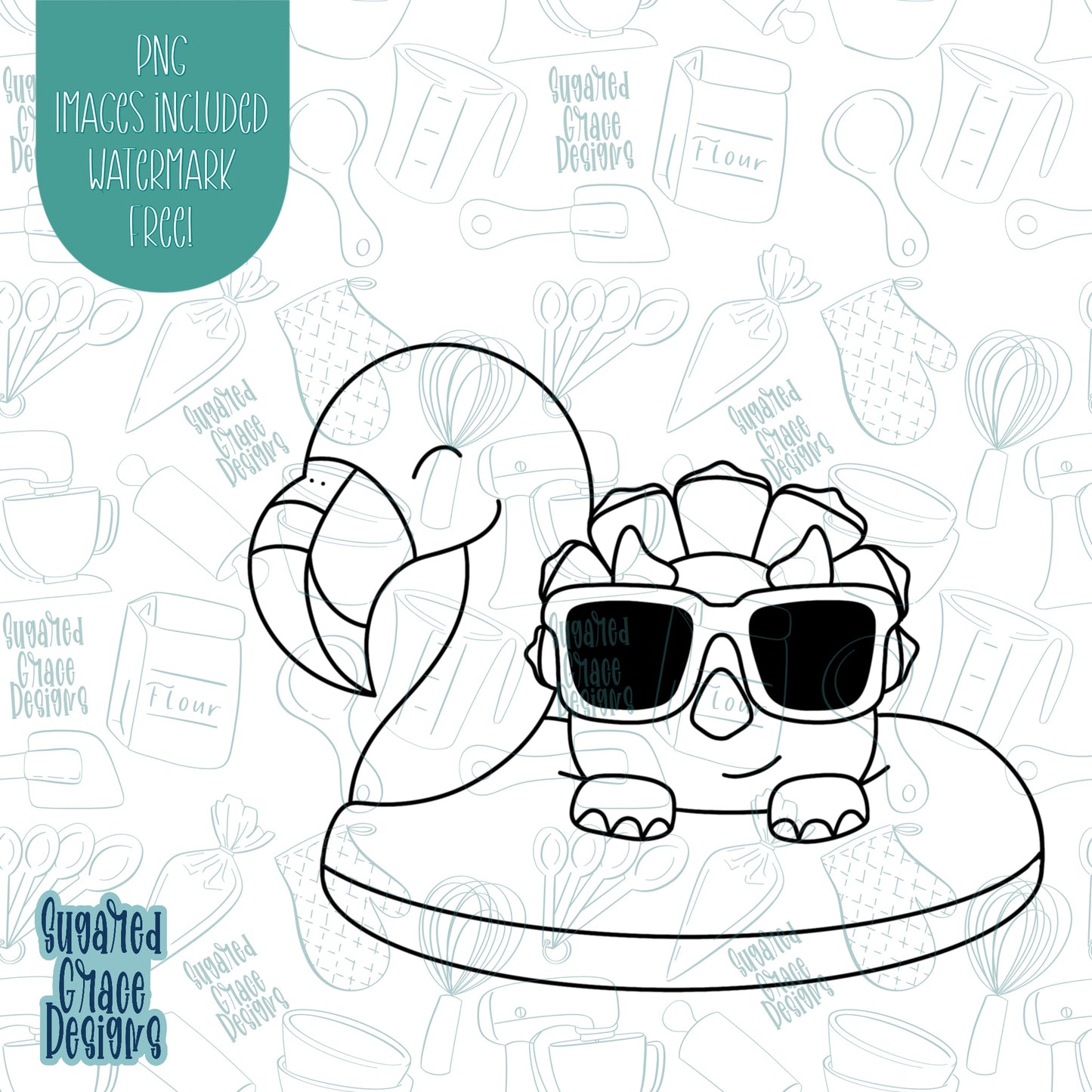 Pool Party Dinosaur on Flamingo Floaty Cookie Cutter with Matching Printable PNG Images for Edible Ink Printers Including Eddie