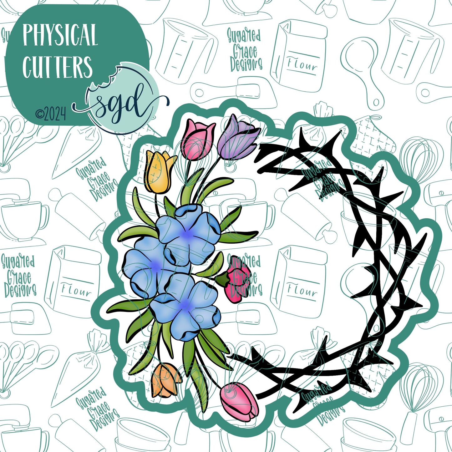 Floral Crown of Thorns Wreath Cookie Cutter with PNG Images to Match - Hand Drawn Graphics for Edible Ink Printers