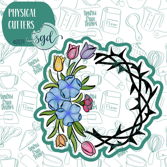 Floral Crown of Thorns Wreath Cookie Cutter with PNG Images to Match - Hand Drawn Graphics for Edible Ink Printers