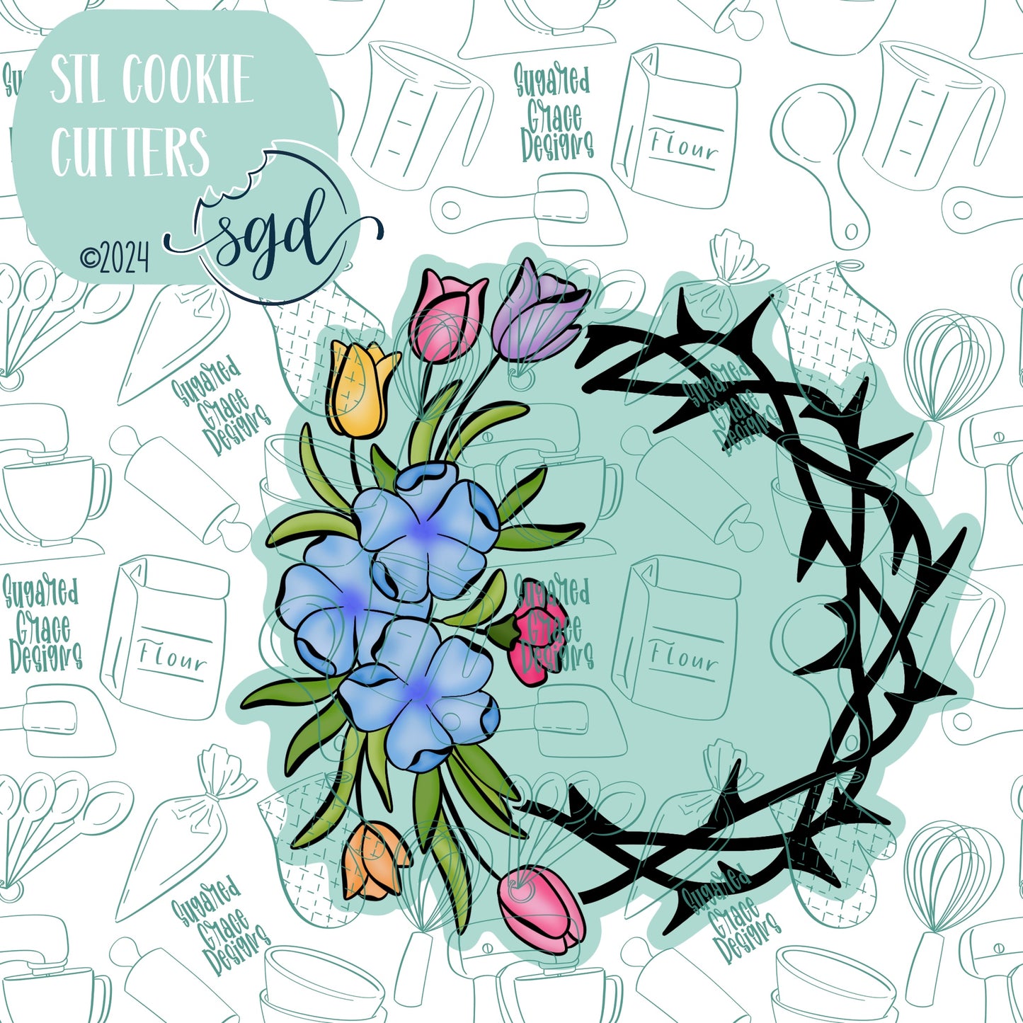 Easter Floral Crown of Thorns Cookie Cutter STL File  with PNG Images to Match - For 3D Printing and Edible Ink Printers