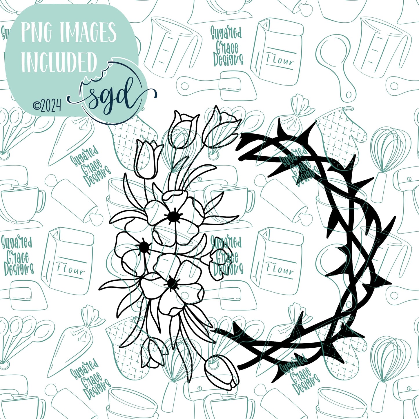 Easter Floral Crown of Thorns Cookie Cutter STL File  with PNG Images to Match - For 3D Printing and Edible Ink Printers