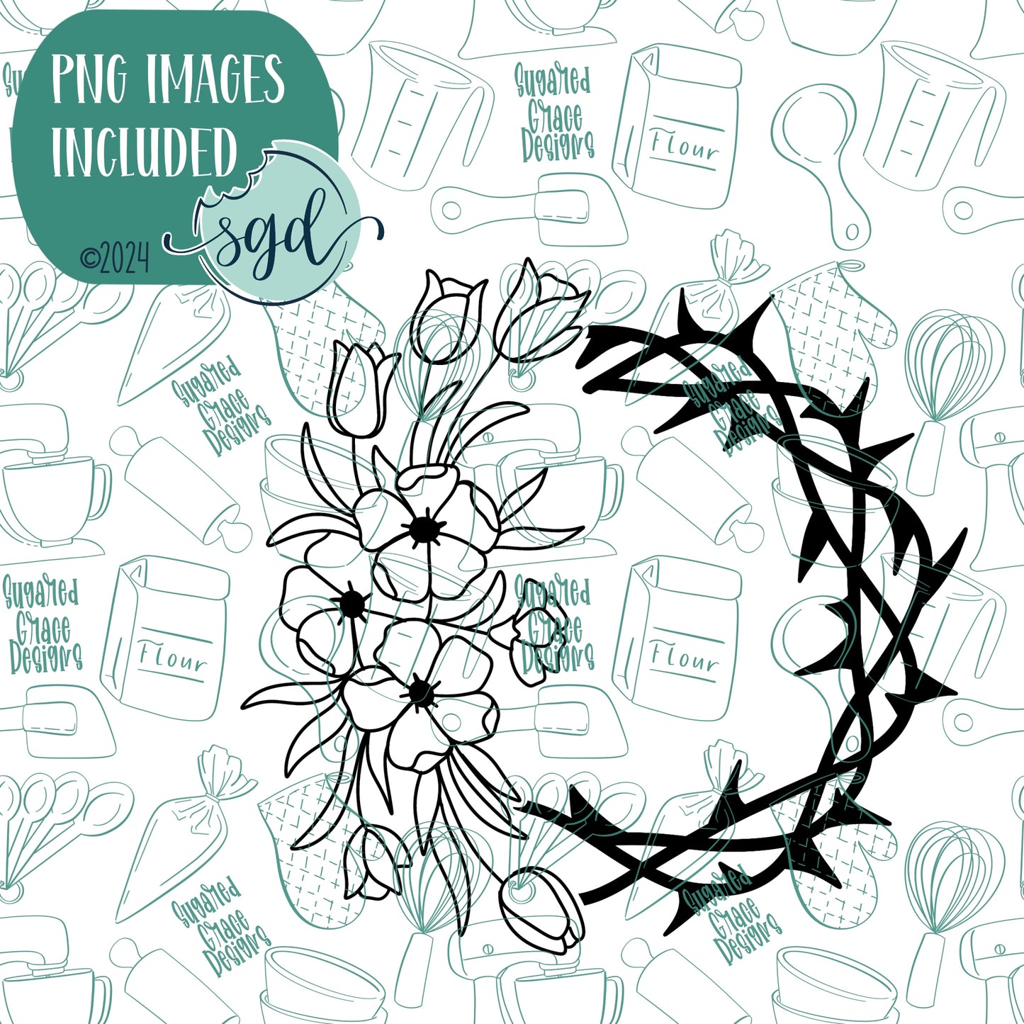 Floral Crown of Thorns Wreath Cookie Cutter with PNG Images to Match - Hand Drawn Graphics for Edible Ink Printers