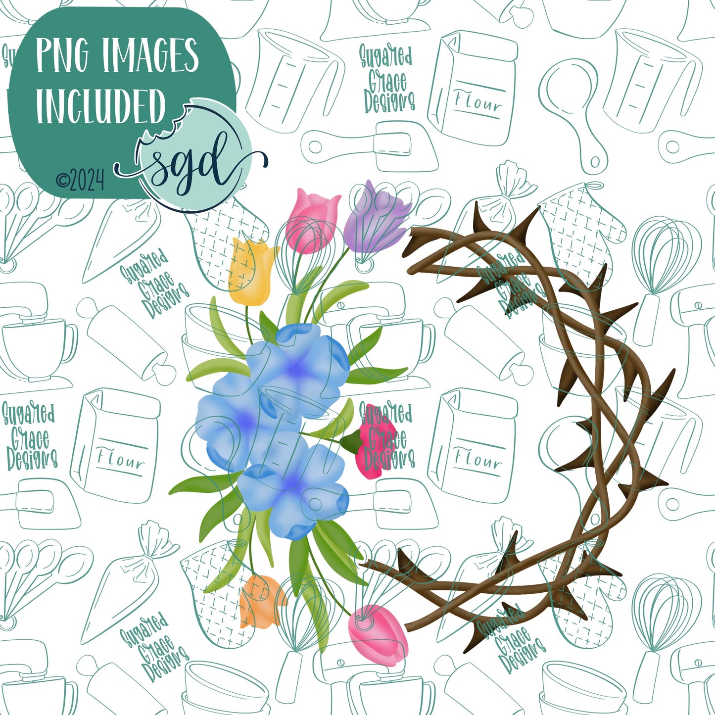 Floral Crown of Thorns Wreath Cookie Cutter with PNG Images to Match - Hand Drawn Graphics for Edible Ink Printers