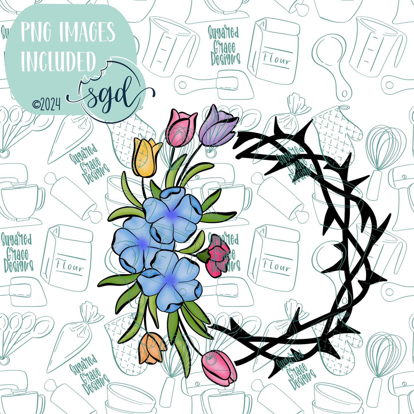 Easter Floral Crown of Thorns Cookie Cutter STL File  with PNG Images to Match - For 3D Printing and Edible Ink Printers