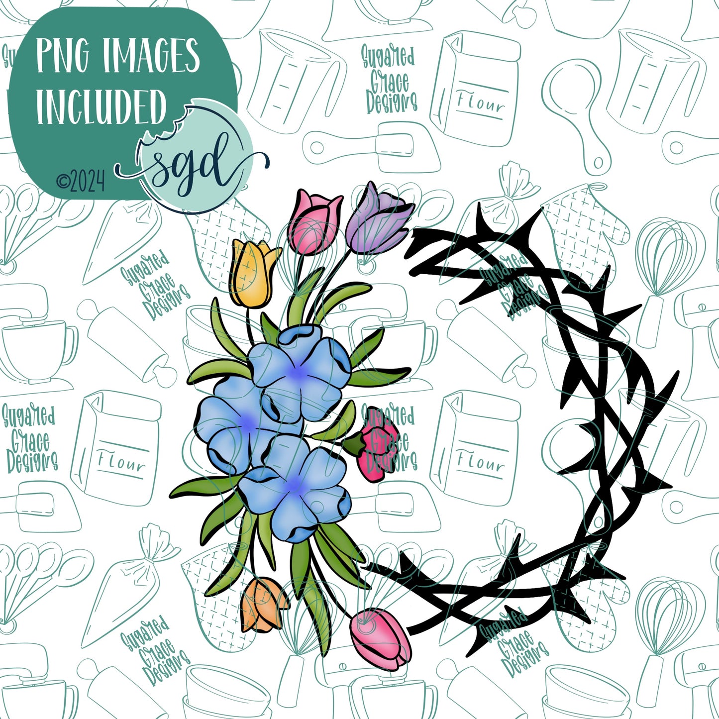 Floral Crown of Thorns Wreath Cookie Cutter with PNG Images to Match - Hand Drawn Graphics for Edible Ink Printers