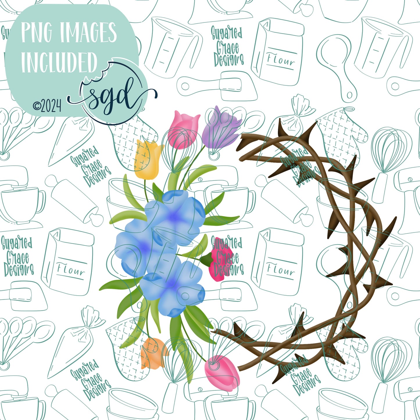 Easter Floral Crown of Thorns Cookie Cutter STL File  with PNG Images to Match - For 3D Printing and Edible Ink Printers