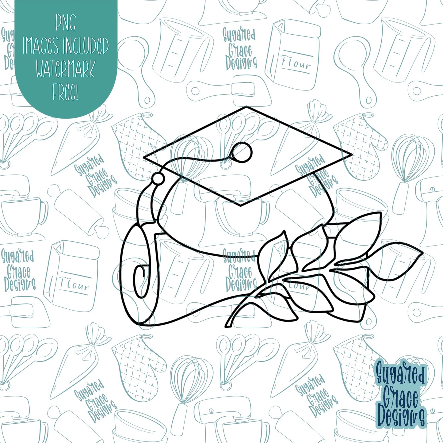 Eucalyptus Floral Grad Cap Cookie Cutter with Matching PNG Images for Edible Ink Printers Including Eddie