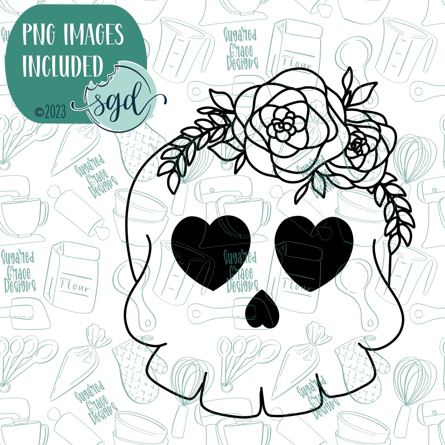 Floral Skull cookie Cutter with Matching Printable PNG Images for Edible Ink Printers Including Eddie