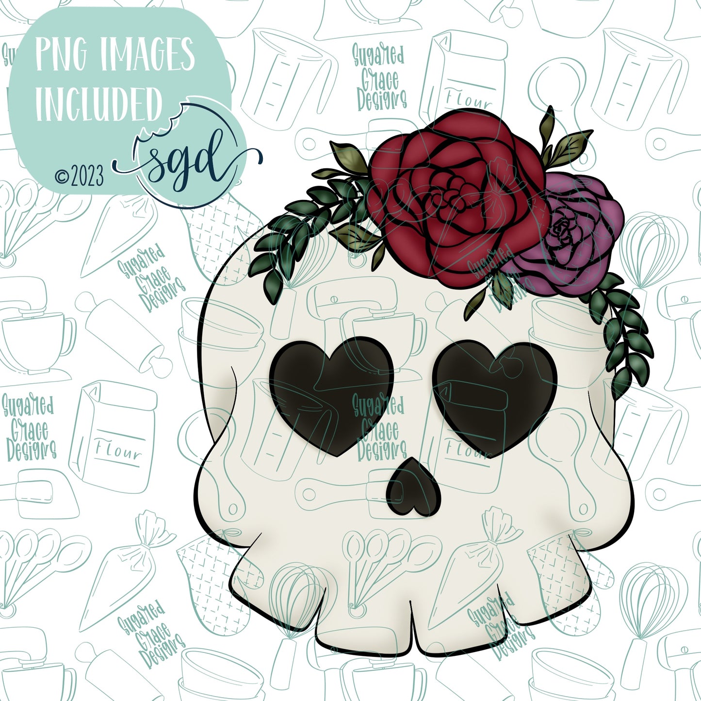 Floral Skull Cookie Cutter STLs and 4 PNGs - 8 Sizes for 3D Printing and Edible Ink Printers like Eddie - hand drawn graphics