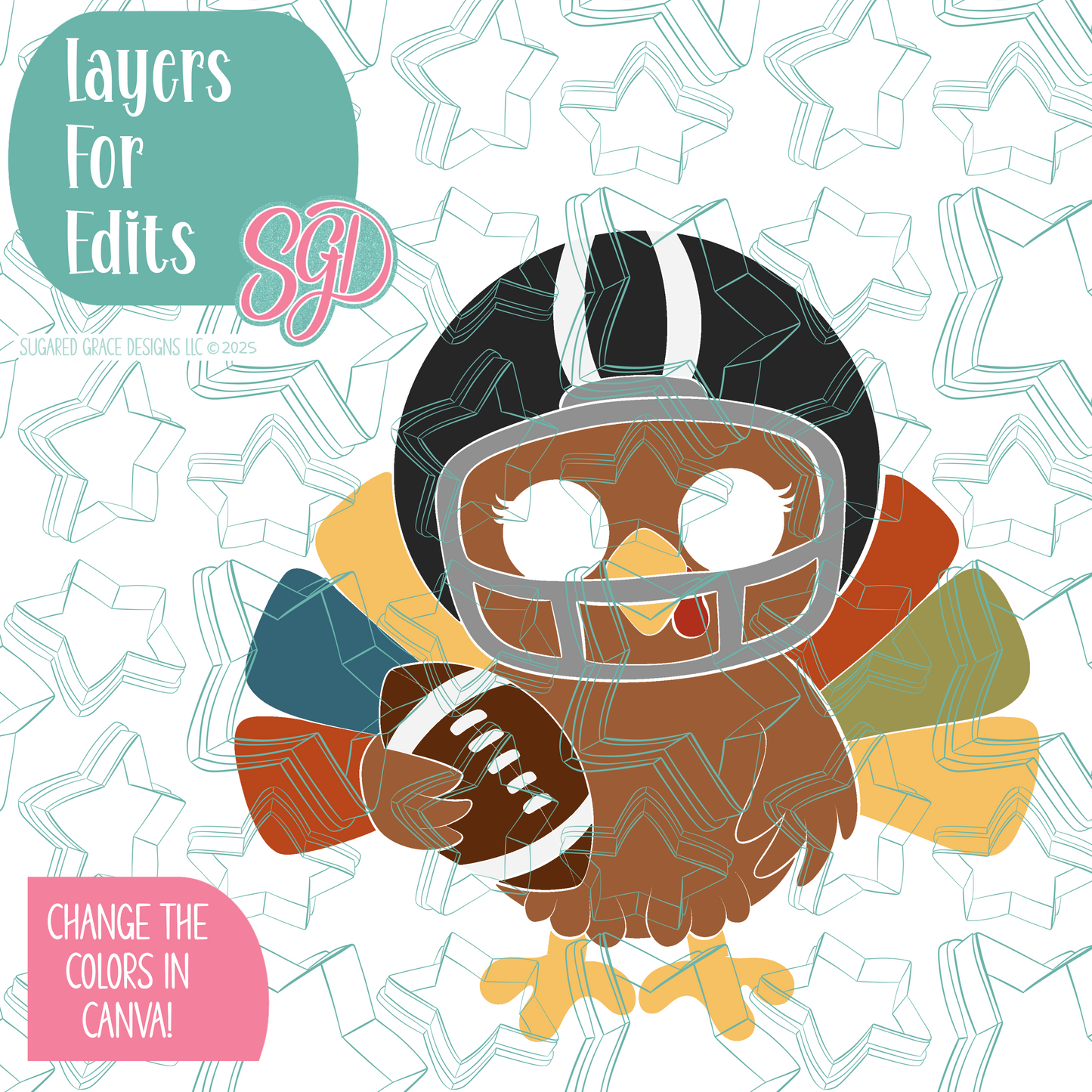 Football Turkey Cookie Cutter with PNG Images to Match - Hand Drawn Graphics for Edible Ink Printers