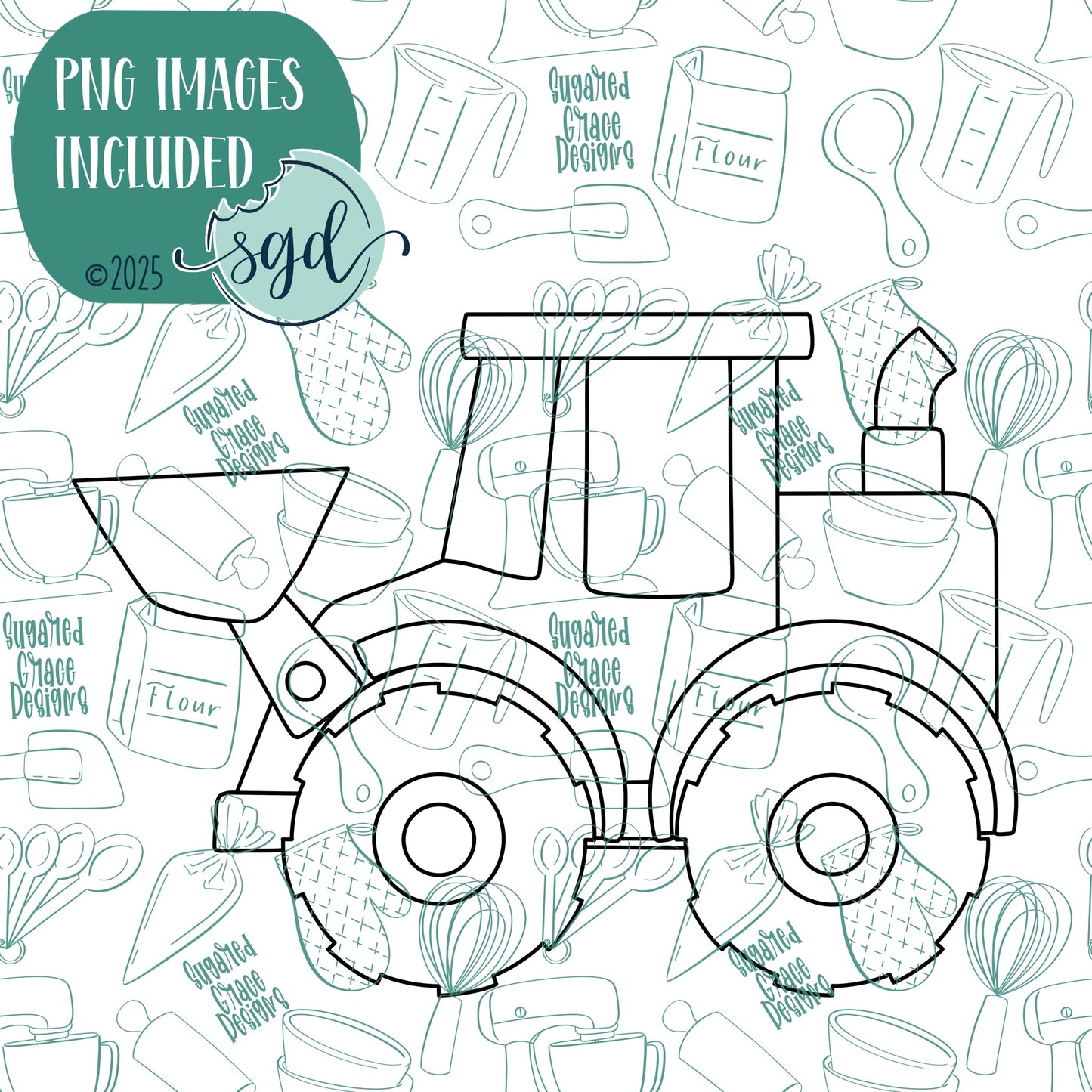 Front Loader or Excavator Cookie Cutter with PNG Images to Match - Hand Drawn Graphics for Edible Ink Printers