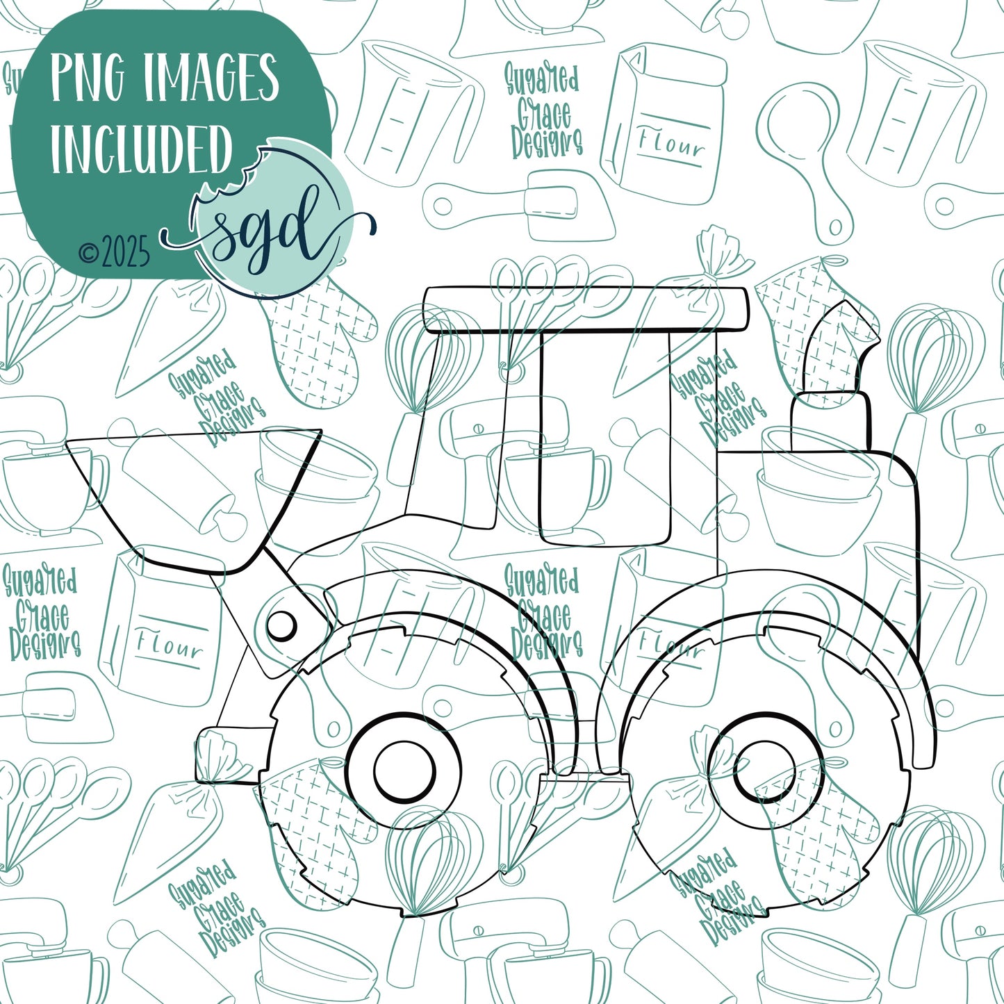 Front Loader or Excavator Cookie Cutter with PNG Images to Match - Hand Drawn Graphics for Edible Ink Printers