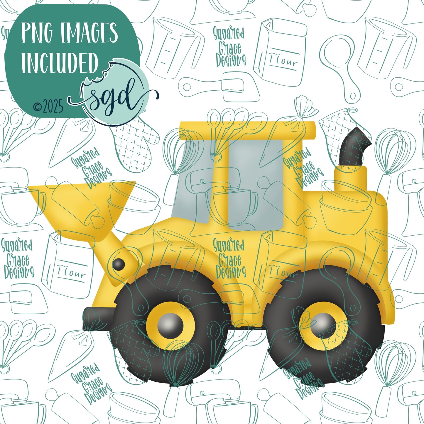 Front Loader or Excavator Cookie Cutter with PNG Images to Match - Hand Drawn Graphics for Edible Ink Printers