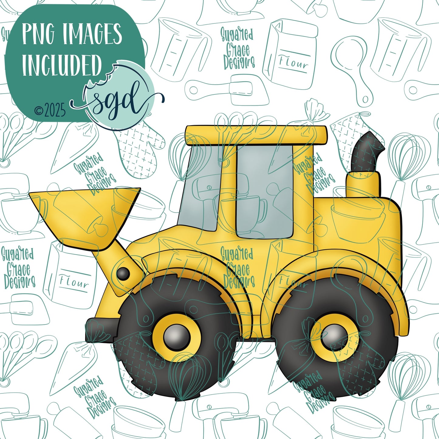 Front Loader or Excavator Cookie Cutter with PNG Images to Match - Hand Drawn Graphics for Edible Ink Printers