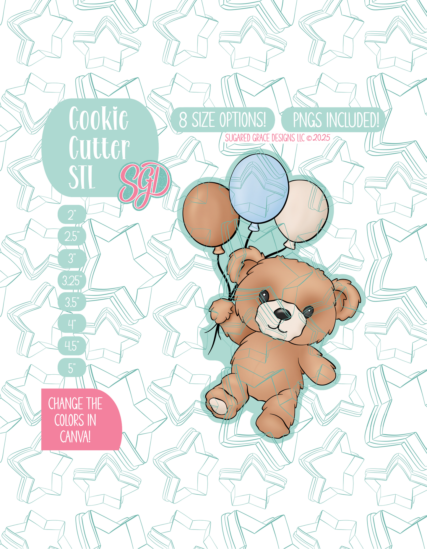 Fuzzy Teddy Bear with Balloons Cookie Cutter STL File with PNG Images to Match - For 3D Printing and Edible Ink Printers