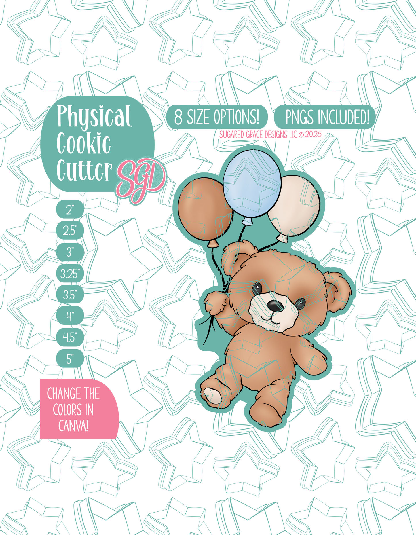 Fuzzy Teddy Bear with Balloons Cookie Cutter Plaque with PNG Images to Match - Hand Drawn Graphics for Edible Ink Printers