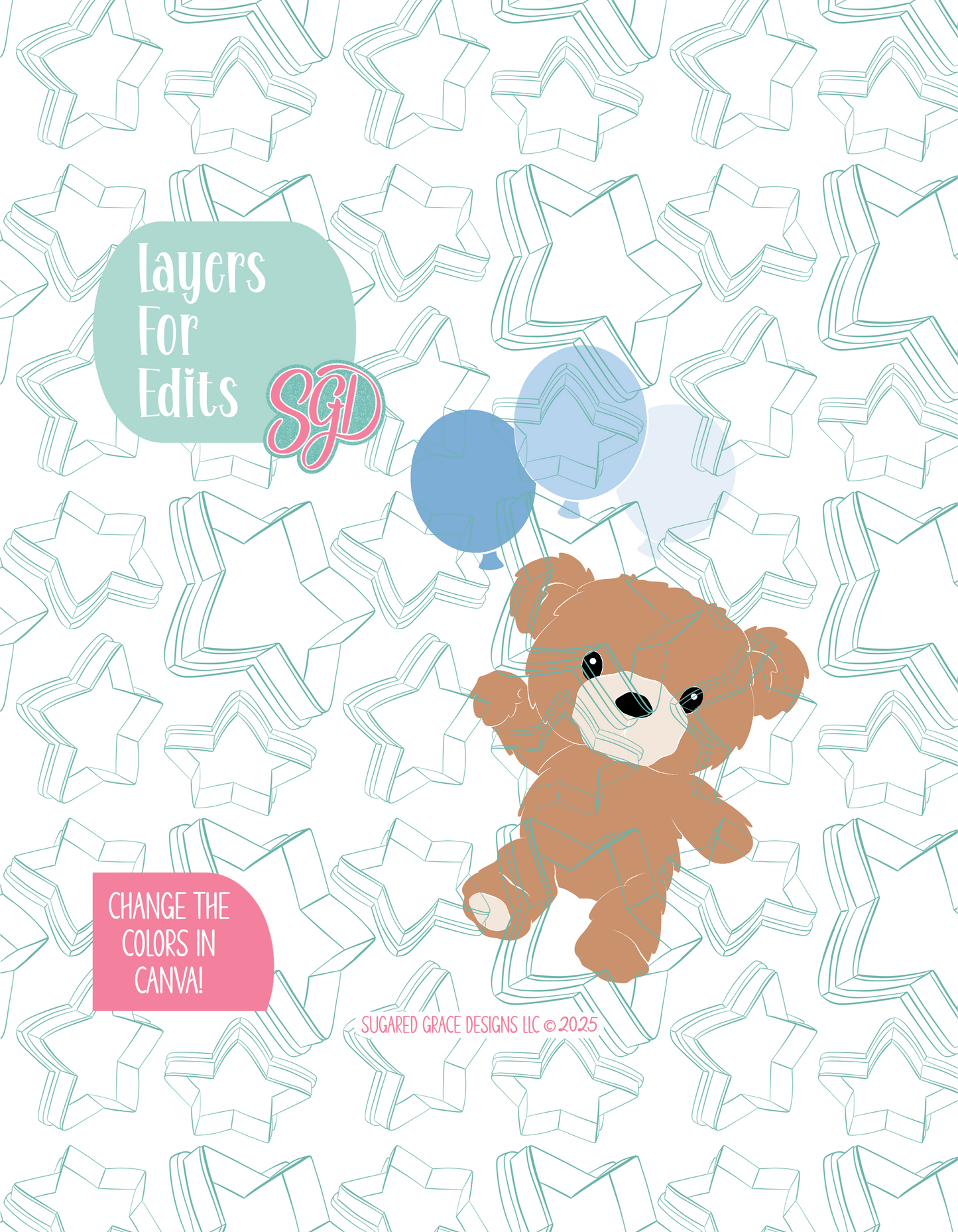 Fuzzy Teddy Bear with Balloons Cookie Cutter STL File with PNG Images to Match - For 3D Printing and Edible Ink Printers
