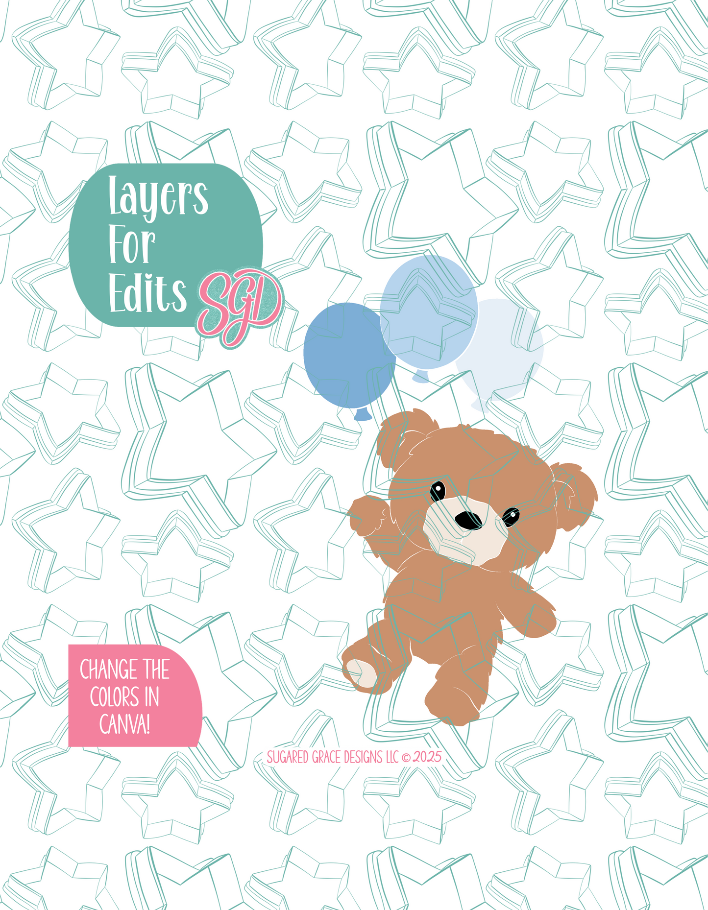Fuzzy Teddy Bear with Balloons Cookie Cutter Plaque with PNG Images to Match - Hand Drawn Graphics for Edible Ink Printers