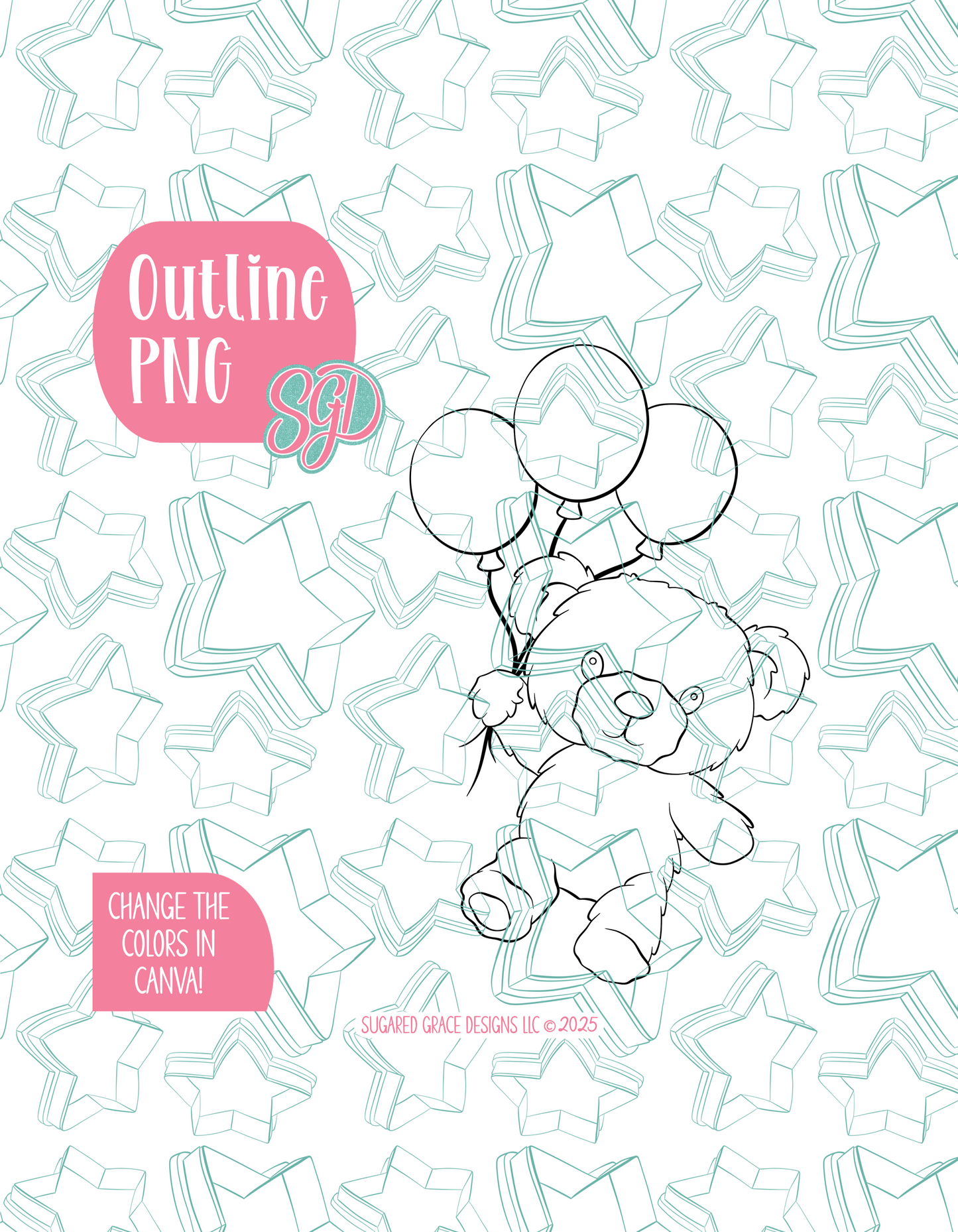 Fuzzy Teddy Bear with Balloon PNG Image Set for Edible Ink Printers - Hand Drawn Editable Graphics