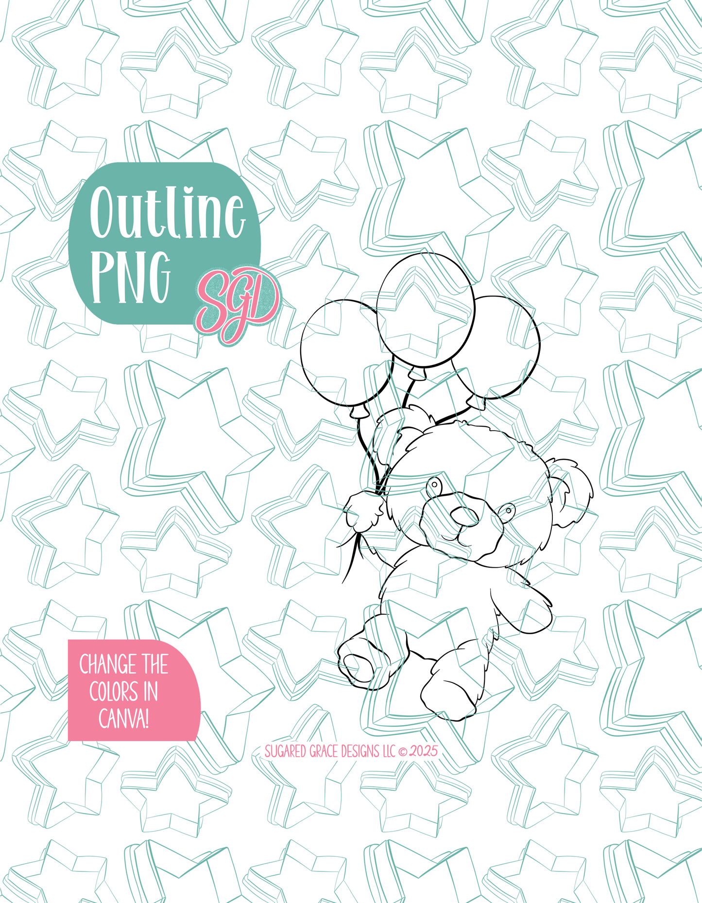 Fuzzy Teddy Bear with Balloons Cookie Cutter Plaque with PNG Images to Match - Hand Drawn Graphics for Edible Ink Printers
