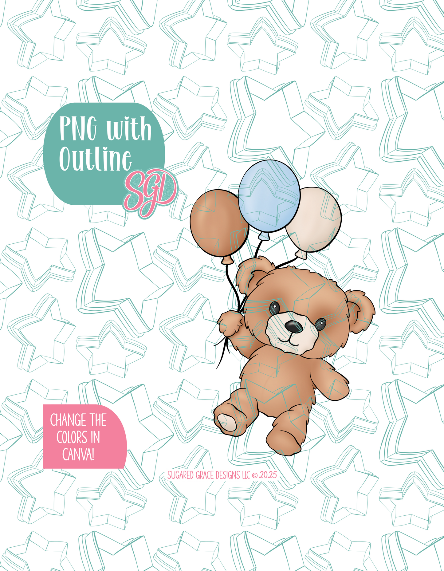 Fuzzy Teddy Bear with Balloons Cookie Cutter Plaque with PNG Images to Match - Hand Drawn Graphics for Edible Ink Printers