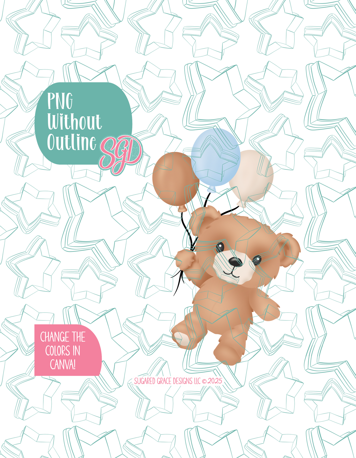 Fuzzy Teddy Bear with Balloons Cookie Cutter Plaque with PNG Images to Match - Hand Drawn Graphics for Edible Ink Printers