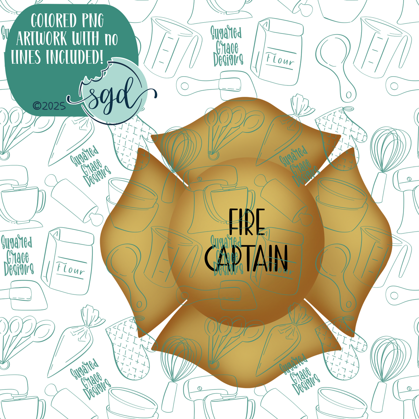 Fire Captain Badge Cookie Cutter with PNG Images to Match - Hand Drawn Graphics for Edible Ink Printers