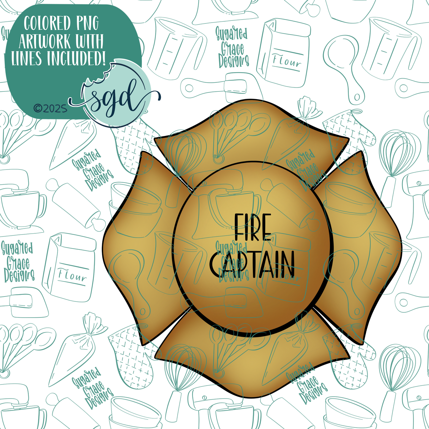 Fire Captain Badge Cookie Cutter with PNG Images to Match - Hand Drawn Graphics for Edible Ink Printers