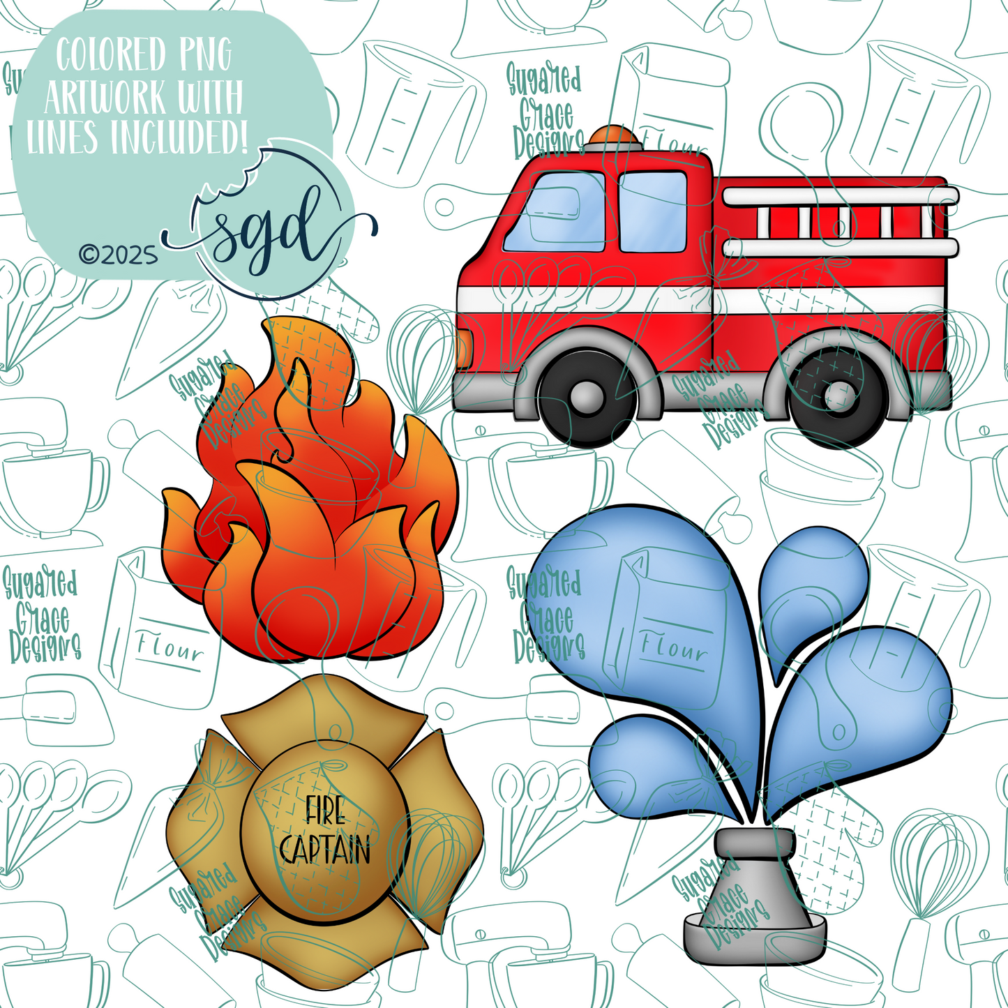 Fire Rescue Cookie Cutter STL File Set of 4 with PNG Images to Match - For 3D Printing and Edible Ink Printers