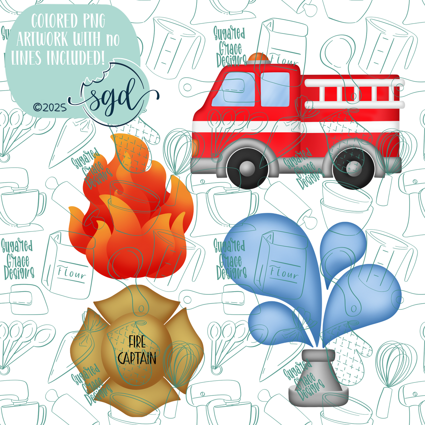 Fire Rescue Cookie Cutter STL File Set of 4 with PNG Images to Match - For 3D Printing and Edible Ink Printers