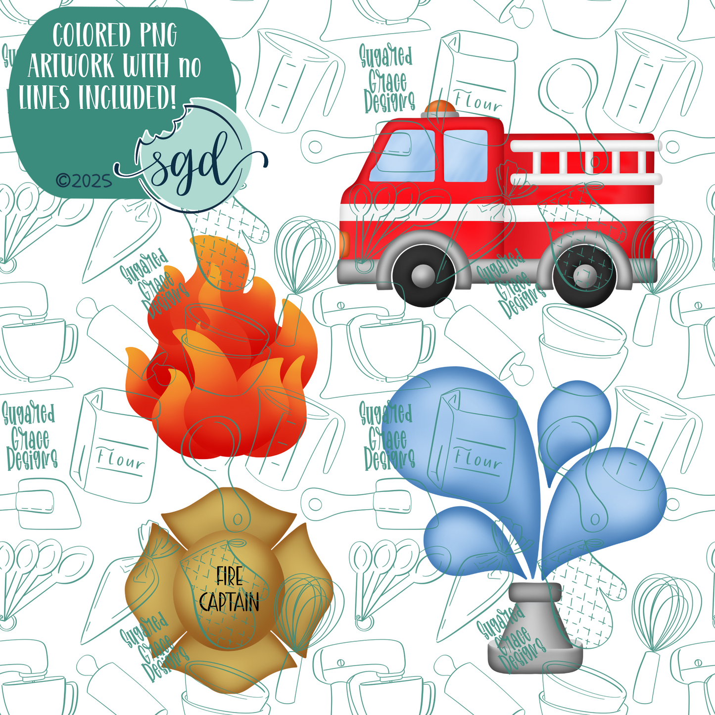Fire Rescue Cookie Cutter Set of 4 with PNG Images to Match - Hand Drawn Graphics for Edible Ink Printers