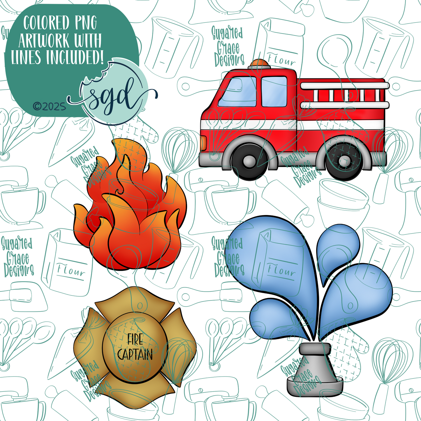 Fire Rescue Cookie Cutter Set of 4 with PNG Images to Match - Hand Drawn Graphics for Edible Ink Printers