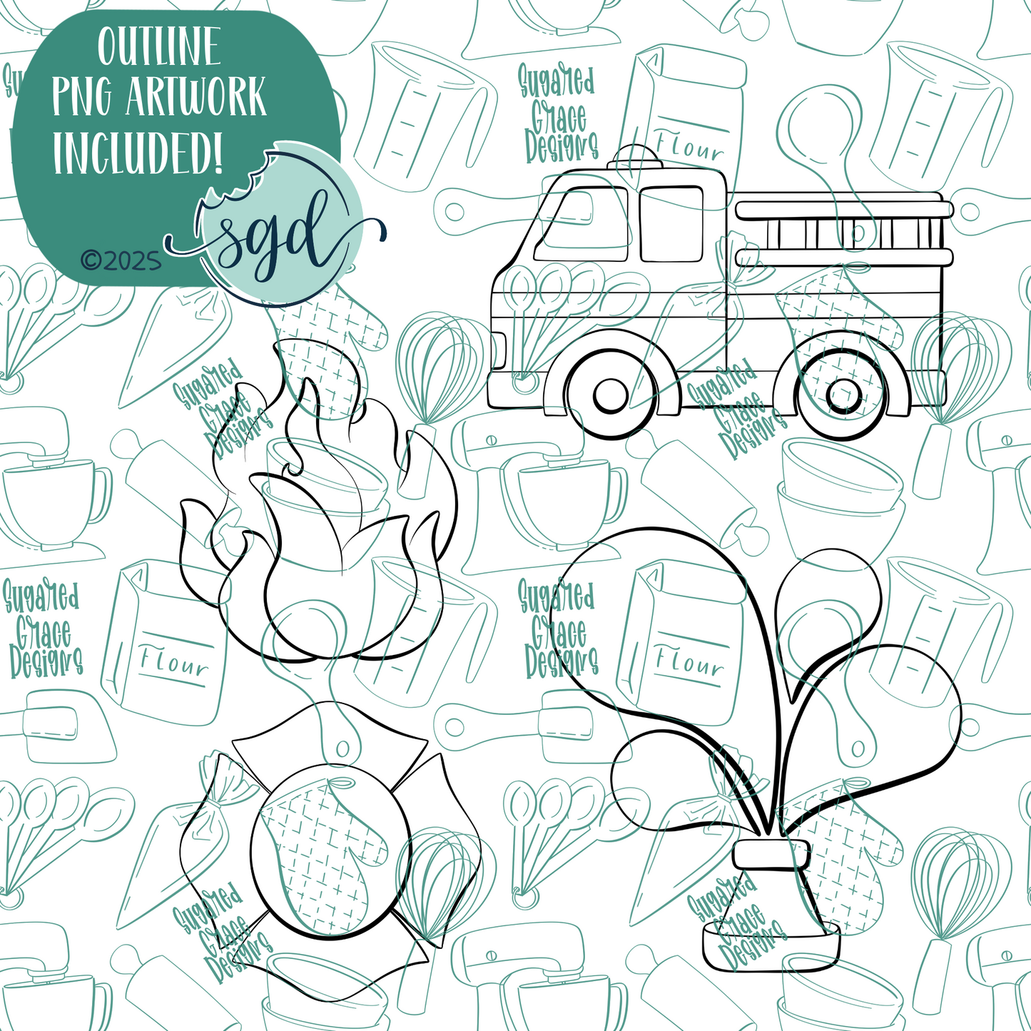 Fire Rescue Cookie Cutter Set of 4 with PNG Images to Match - Hand Drawn Graphics for Edible Ink Printers