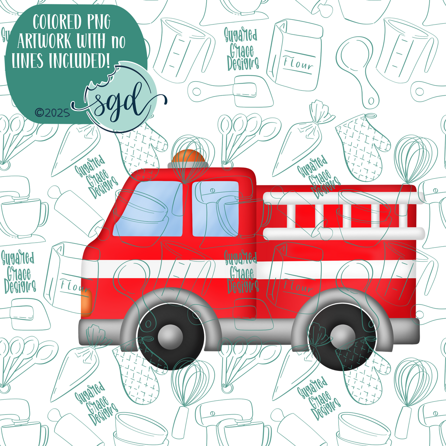 Fire Truck Cookie Cutter with PNG Images to Match - Hand Drawn Graphics for Edible Ink Printers
