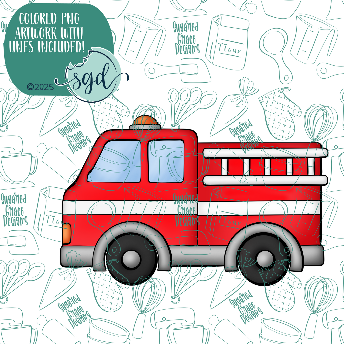 Fire Truck Cookie Cutter with PNG Images to Match - Hand Drawn Graphics for Edible Ink Printers