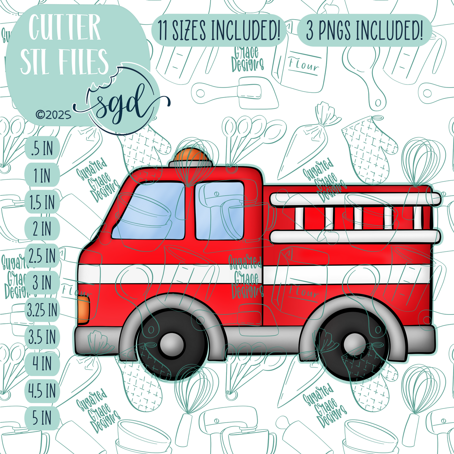 Fire Truck Cookie Cutter STL File with PNG Images to Match - For 3D Printing and Edible Ink Printers